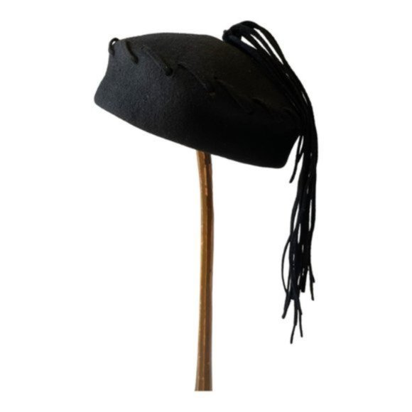 Vintage Black Felt Cap with Long Felt Ribbons Strands - Picture 2 of 10